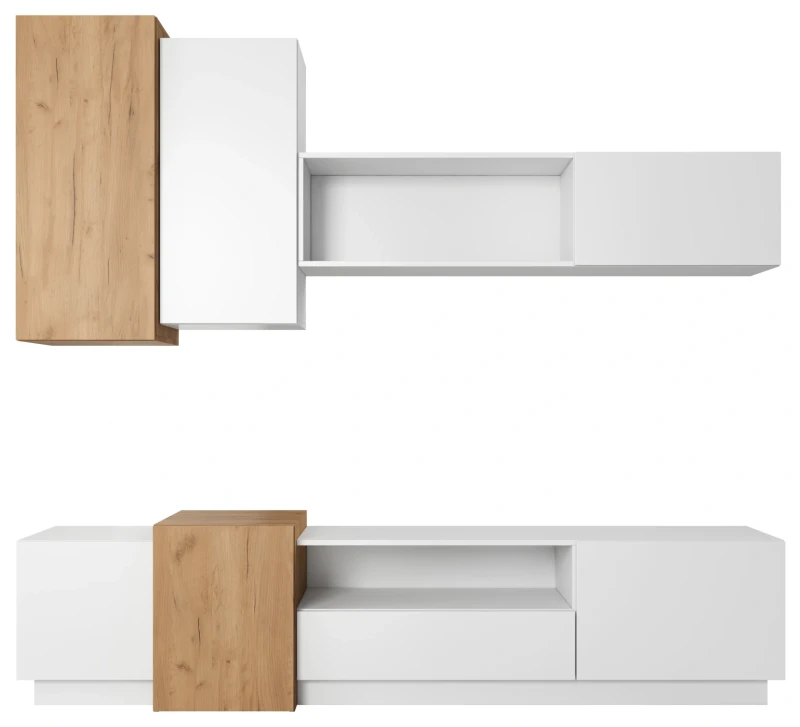 Meblościanka 3D z szafką RTV nowoczesna do salonu biały mat/dąb craft złoty