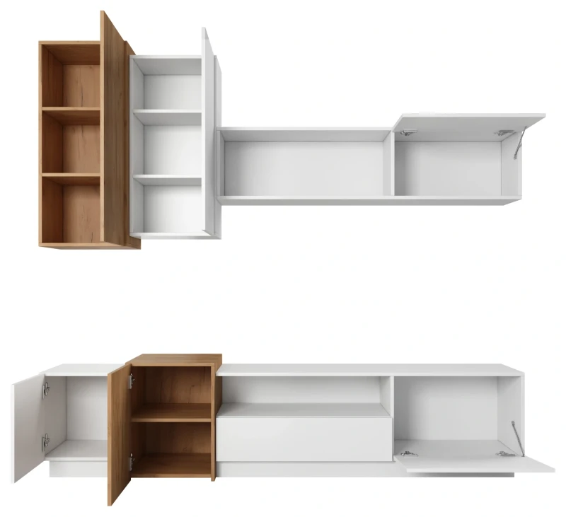 Meblościanka 3D z szafką RTV nowoczesna do salonu biały mat/dąb craft złoty