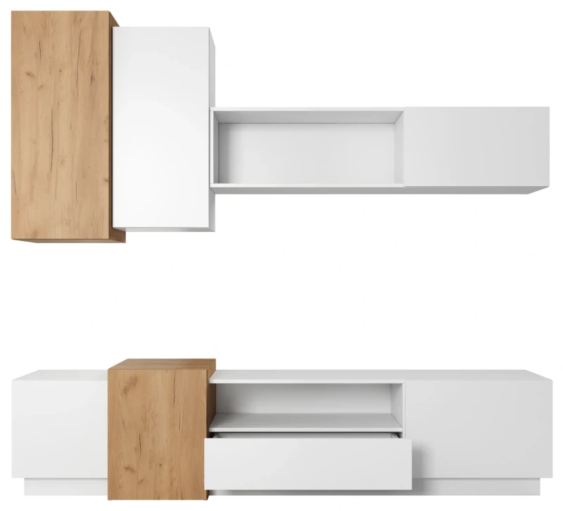 Meblościanka 3D z szafką RTV nowoczesna do salonu biały mat/dąb craft złoty
