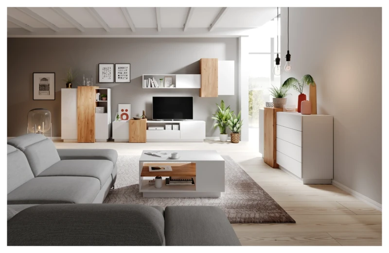 Meblościanka 3D z szafką RTV nowoczesna do salonu biały mat/dąb craft złoty