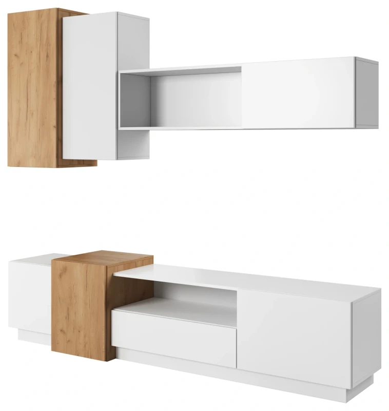 Meblościanka 3D z szafką RTV nowoczesna do salonu biały mat/dąb craft złoty