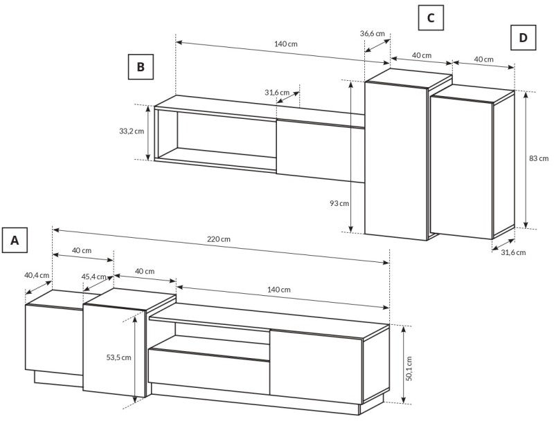 Meblościanka 3D z szafką RTV nowoczesna do salonu biały mat/dąb craft złoty