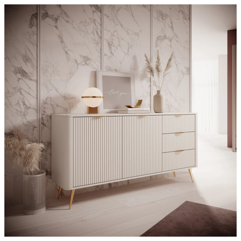 Komoda Lante ryflowana dwudrzwiowa z szufladami do salonu 163 cm beżowa