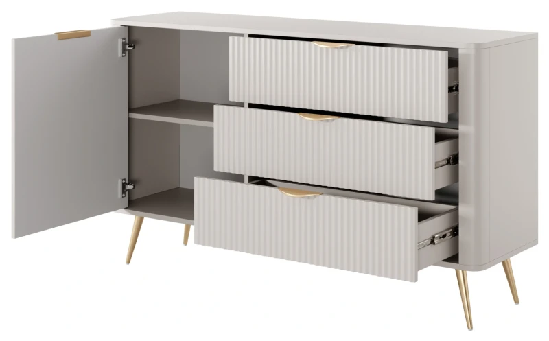 Komoda Lante ryflowana jednodrzwiowa z szufladami do salonu 138 cm beżowa