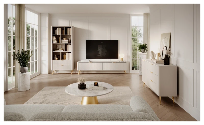 Komoda Lante ryflowana jednodrzwiowa z szufladami do salonu 138 cm beżowa