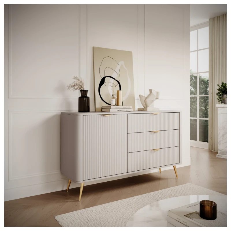 Komoda Lante ryflowana jednodrzwiowa z szufladami do salonu 138 cm beżowa