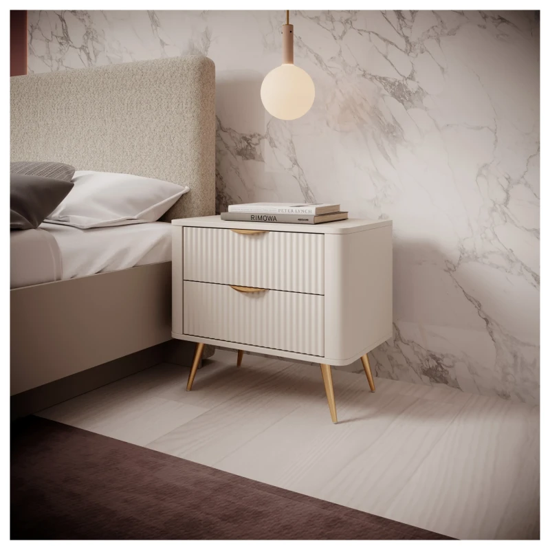 Stolik nocny Lante ryflowany z szufladami do sypialni 63 cm beżowy