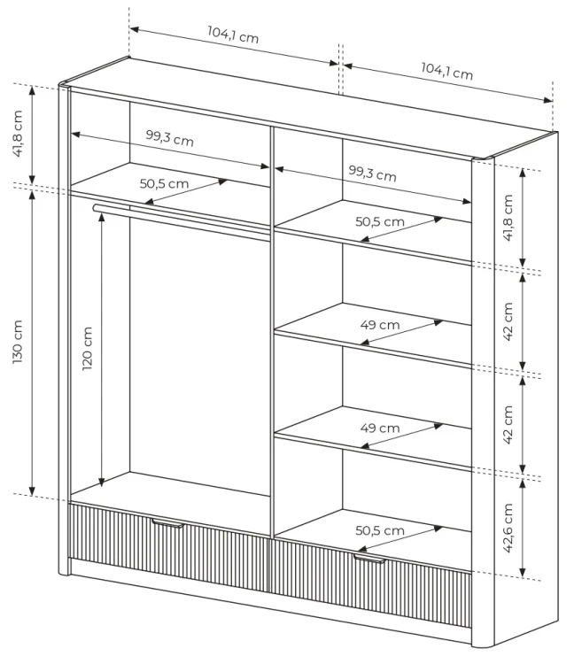 Szafa Lante ryflowana czterodrzwiowa z lustrem i szufladami 213 cm beżowa