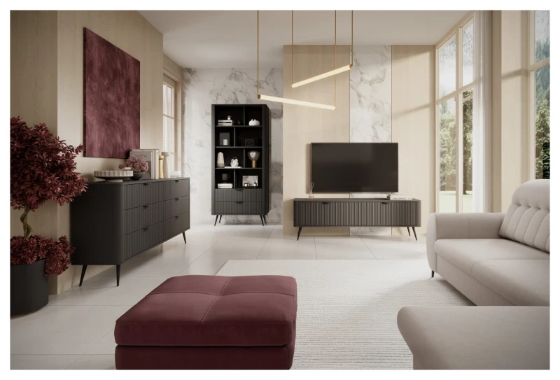 Komoda Lante ryflowana z szufladami do salonu 163 cm czarna