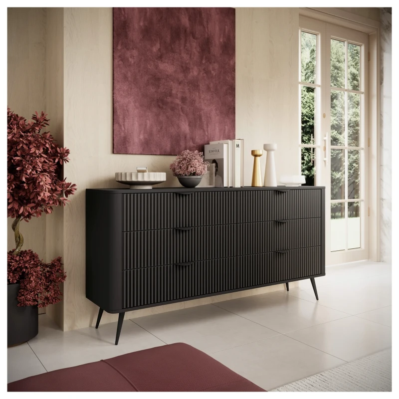 Komoda Lante ryflowana z szufladami do salonu 163 cm czarna
