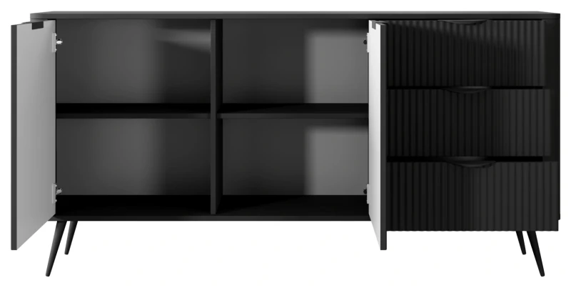 Komoda Lante ryflowana dwudrzwiowa z szufladami do salonu 163 cm czarna