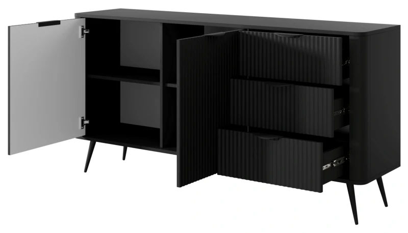 Komoda Lante ryflowana dwudrzwiowa z szufladami do salonu 163 cm czarna