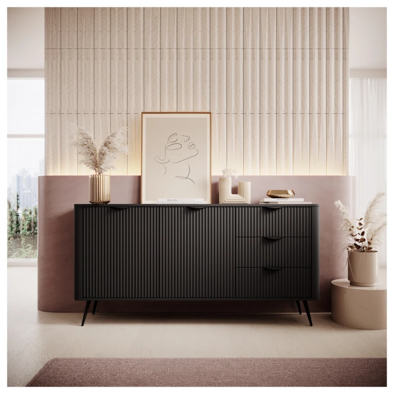 Komoda Lante ryflowana dwudrzwiowa z szufladami do salonu 163 cm czarna