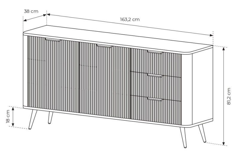 Komoda Lante ryflowana dwudrzwiowa z szufladami do salonu 163 cm czarna
