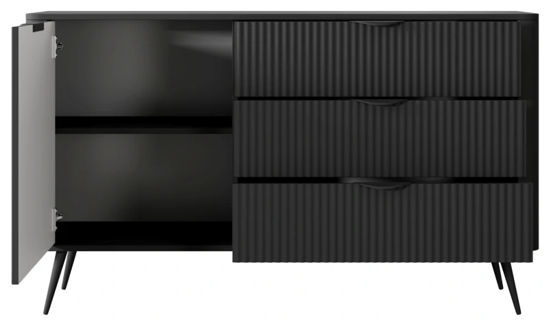 Komoda Lante ryflowana jednodrzwiowa z szufladami do salonu 138 cm czarna