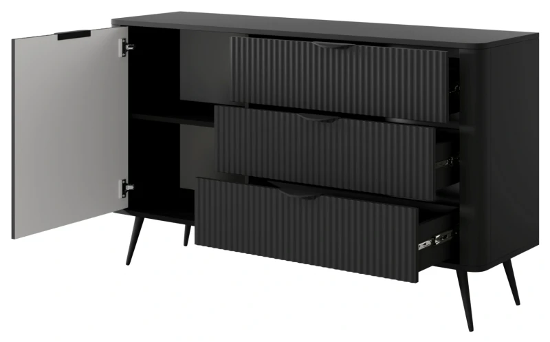 Komoda Lante ryflowana jednodrzwiowa z szufladami do salonu 138 cm czarna