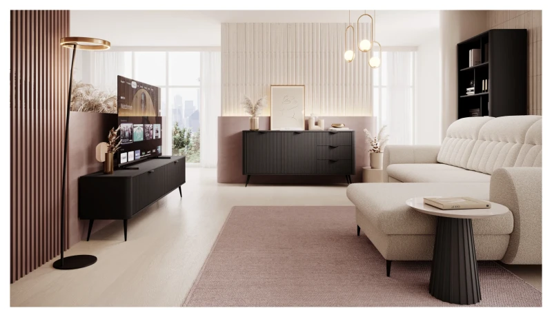 Komoda Lante ryflowana jednodrzwiowa z szufladami do salonu 138 cm czarna