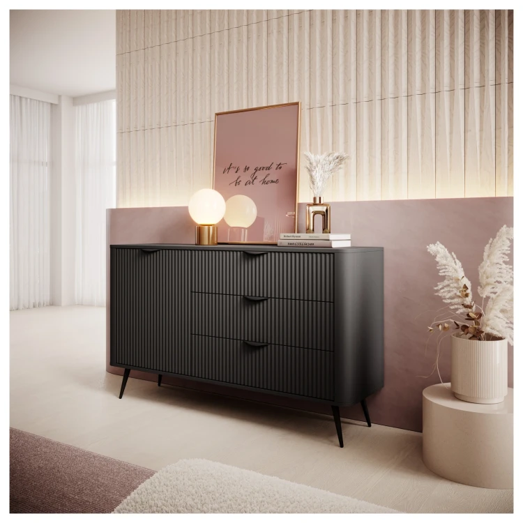 Komoda Lante ryflowana jednodrzwiowa z szufladami do salonu 138 cm czarna