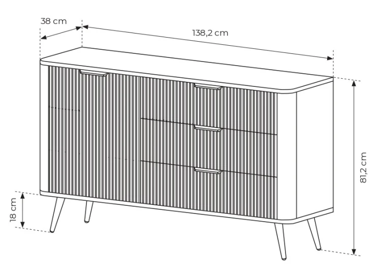 Komoda Lante ryflowana jednodrzwiowa z szufladami do salonu 138 cm czarna