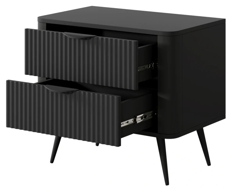 Stolik nocny Lante ryflowany z szufladami do sypialni 63 cm czarny