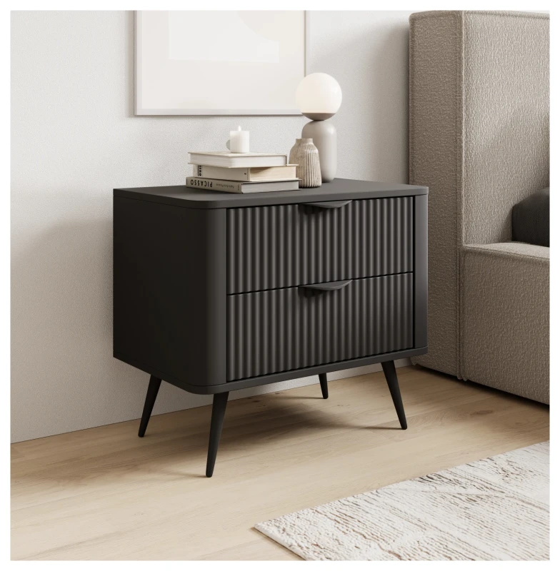 Stolik nocny Lante ryflowany z szufladami do sypialni 63 cm czarny