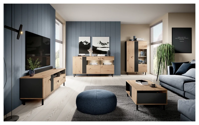 Komoda Madis trzydrzwiowa witryna LED 165 cm dąb artisan + antracyt