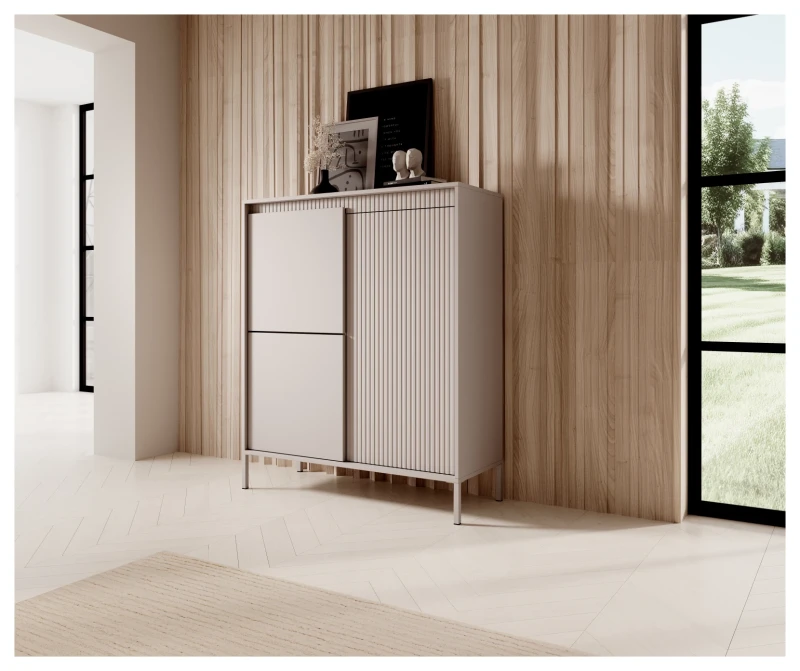 Komoda wysoka Senso 3-drzwiowa z ryflowanym frontem 103 cm beżowa
