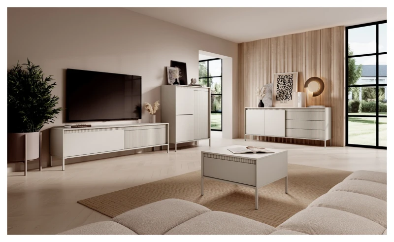 Komoda Senso 2-drzwiowa z 3 szufladami i ryflowanymi frontami 187 cm beżowa