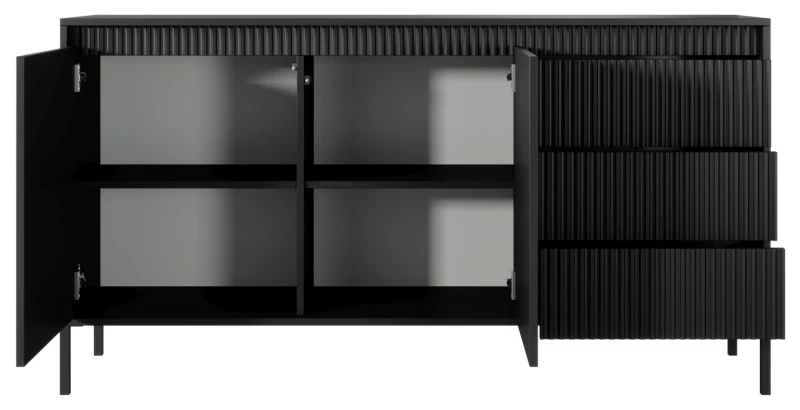 Komoda Senso 2-drzwiowa z 3 szufladami i ryflowanymi frontami 153 cm czarna