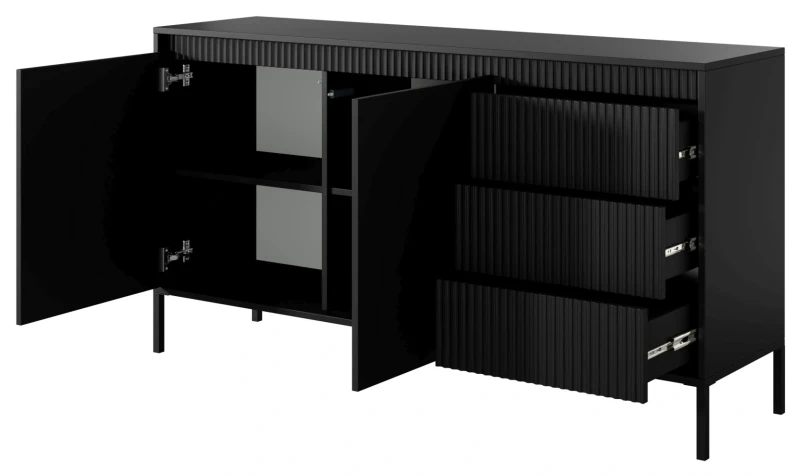 Komoda Senso 2-drzwiowa z 3 szufladami i ryflowanymi frontami 153 cm czarna