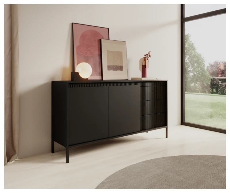 Komoda Senso 2-drzwiowa z 3 szufladami i ryflowanymi frontami 153 cm czarna