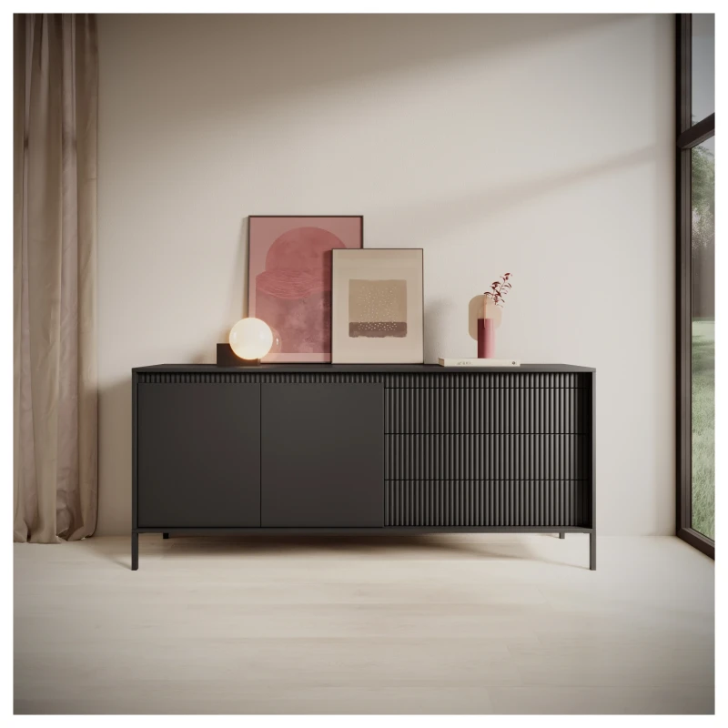 Komoda Senso 2-drzwiowa z 3 szufladami i ryflowanymi frontami 187 cm czarna