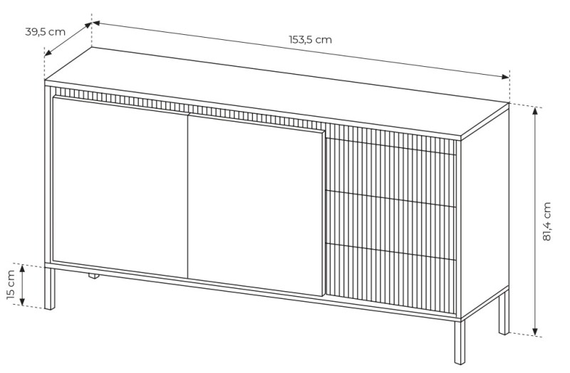 Komoda Senso 2-drzwiowa z 3 szufladami i ryflowanymi frontami 153 cm czarna