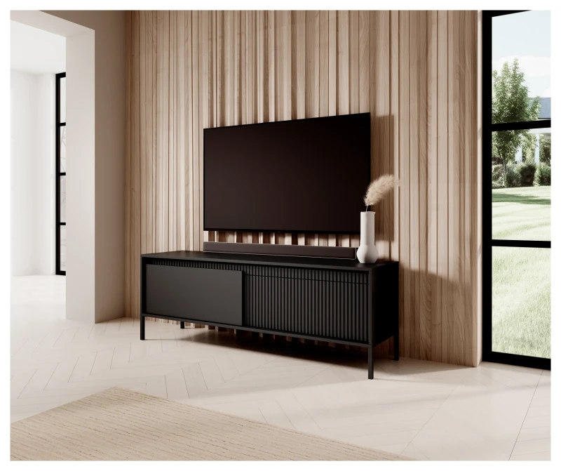 Szafka RTV Senso 2-drzwiowa z ryflowanym frontem na nóżkach 153 cm czarna