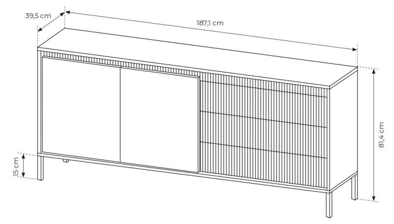 Komoda Senso 2-drzwiowa z 3 szufladami i ryflowanymi frontami 187 cm czarna