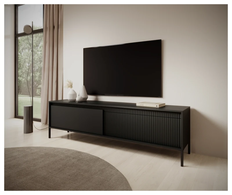 Szafka RTV Senso 2-drzwiowa z ryflowanym frontem na nóżkach 187 cm czarna