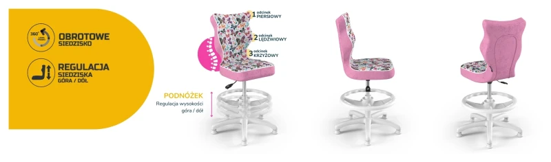 Krzesło dziecięce obrotowe do biurka Petit dla dziewczynki wzrost 119-159 cm biała podstawa stopki z podnóżkiem - Storia 31