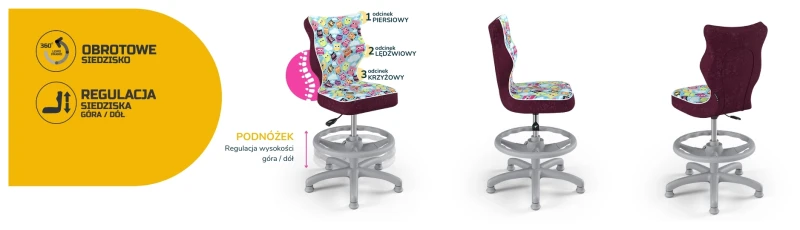 Krzesło dziecięce obrotowe do biurka Petit dla dziewczynki wzrost 119-159 cm szara podstawa stopki z podnóżkiem - Storia 32