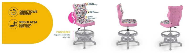 Krzesło dziecięce obrotowe do biurka Petit dla dziewczynki wzrost 119-159 cm szara podstawa stopki z podnóżkiem - Storia 31
