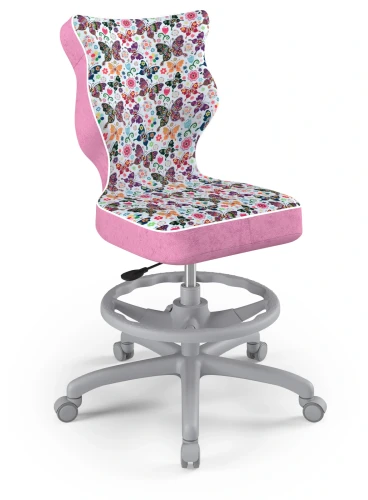 Krzesło młodzieżowe obrotowe do biurka Petit dla dziewczynki wzrost 146-188 cm szara podstawa kółka z podnóżkiem