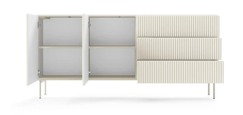 Komoda Muti 2-drzwiowa z 3 szufladami ryflowane fronty i boki 177 cm kaszmir