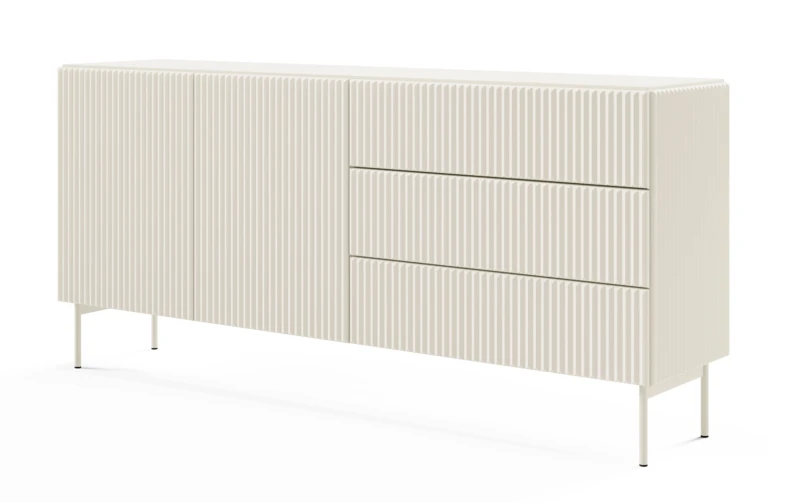 Komoda Muti 2-drzwiowa z 3 szufladami ryflowane fronty i boki 177 cm kaszmir