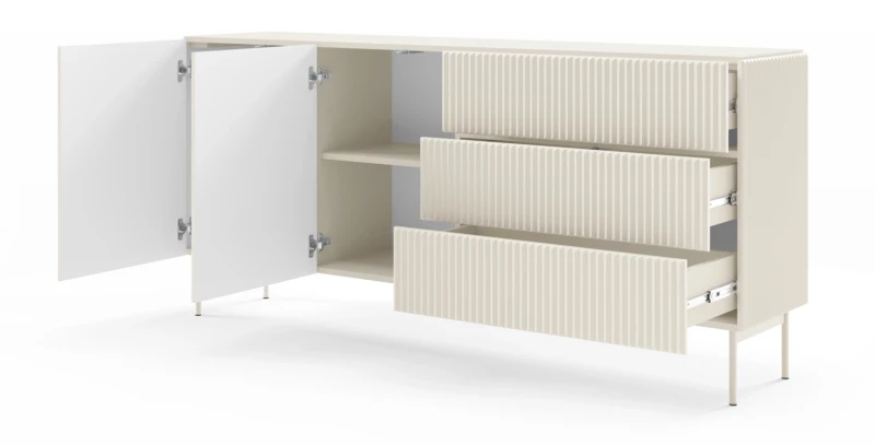 Komoda Muti 2-drzwiowa z 3 szufladami ryflowane fronty i boki 177 cm kaszmir