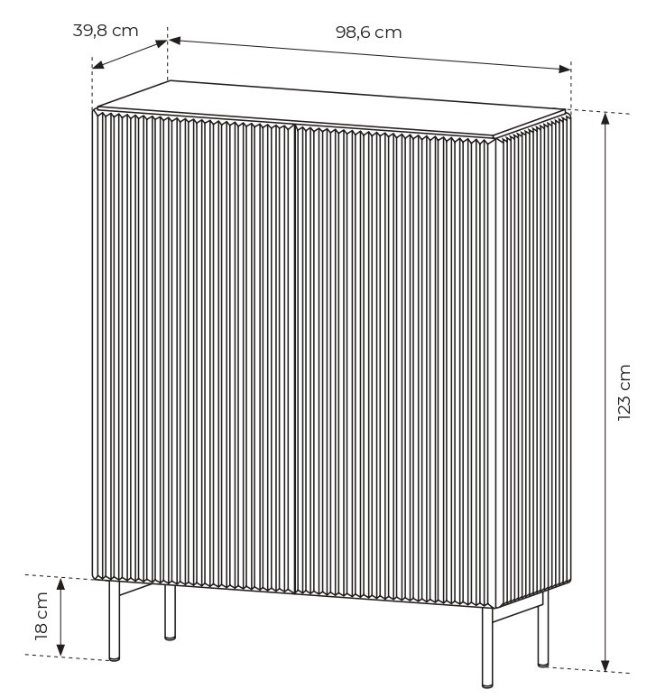 Komoda wysoka Muti 2-drzwiowa z ryflowanymi frontami i bokami 99 cm kaszmir