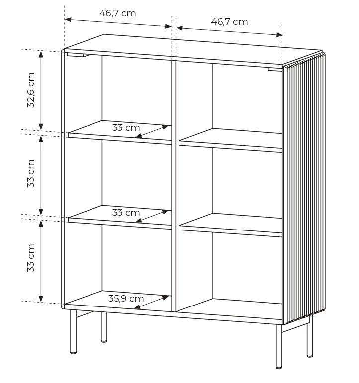 Komoda wysoka Muti 2-drzwiowa z ryflowanymi frontami i bokami 99 cm kaszmir