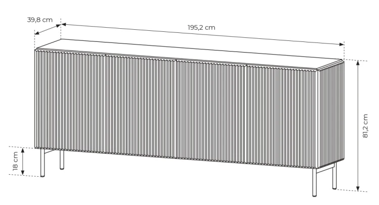 Komoda Muti 4-drzwiowa z ryflowanymi frontami i bokami 195 cm kaszmir
