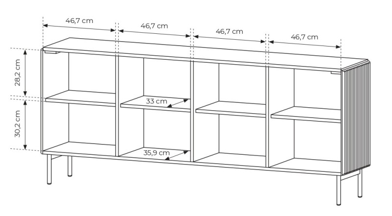 Komoda Muti 4-drzwiowa z ryflowanymi frontami i bokami 195 cm kaszmir