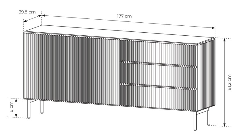 Komoda Muti 2-drzwiowa z 3 szufladami ryflowane fronty i boki 177 cm kaszmir