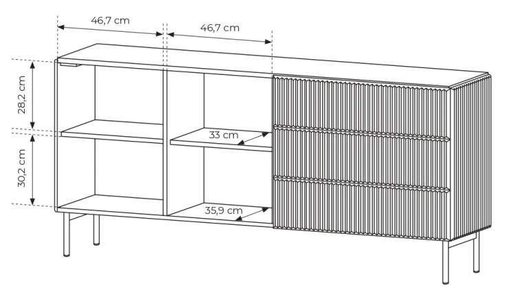 Komoda Muti 2-drzwiowa z 3 szufladami ryflowane fronty i boki 177 cm kaszmir