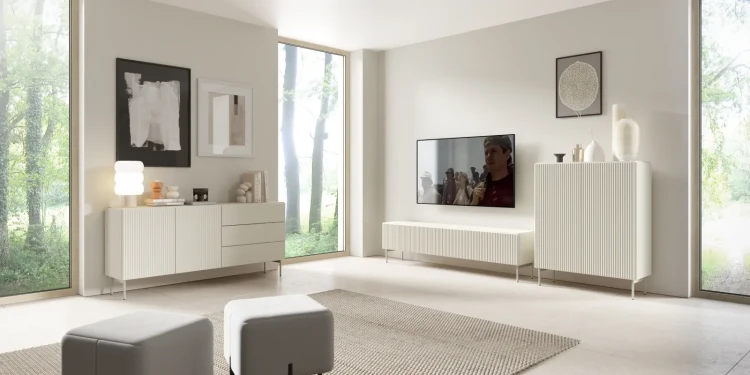 Szafka RTV Muti 3-drzwiowa z ryflowanymi frontami i bokami 147 cm kaszmir